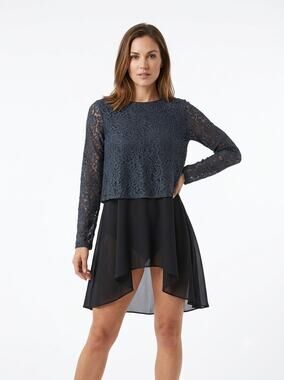 Anue Ligne Tunic Top Women's L Black Lace Layered Long Sleeve Asymmetric Hem